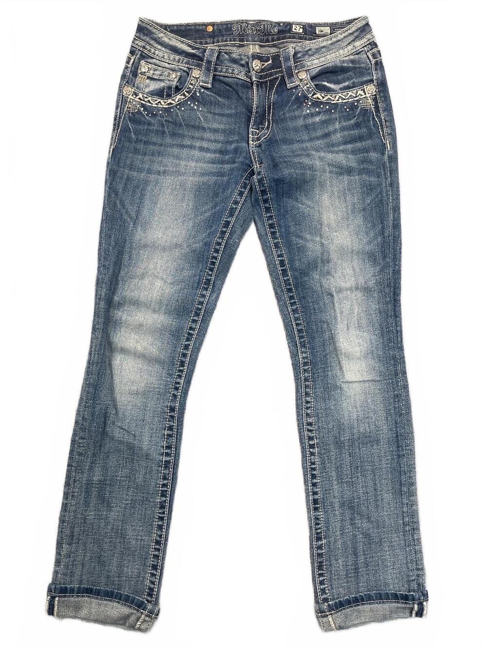 Miss Me Womens Jeans Sz 27 Straight Medium Wash Cuffed Geometric Embroidered Y2K